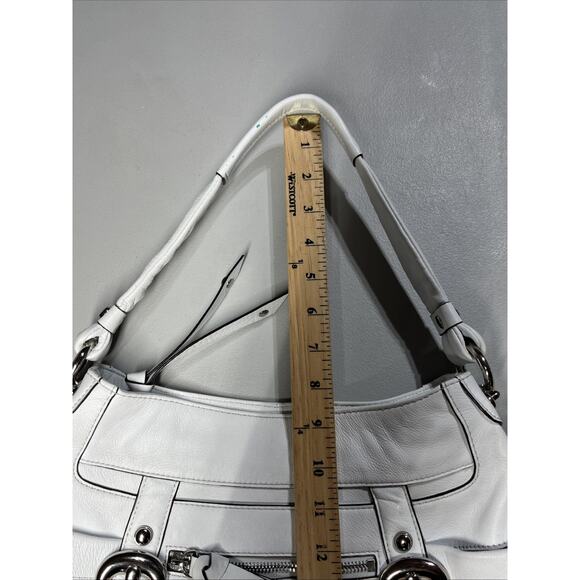 B Makowsky Leather Handbag Shoulder Bag White Hobo with Buckles Top Zip Pleats - Picture 11 of 14